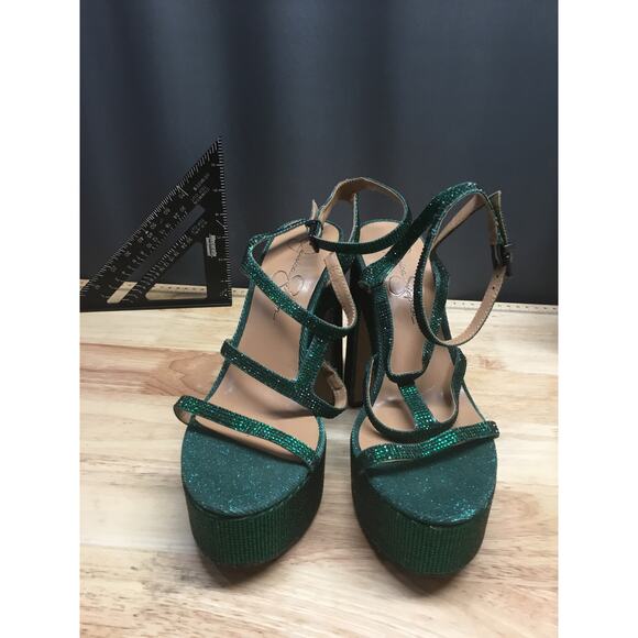 Jessica Simpson Meitini Strappy Sandal Women's 8.5 Green Rhinestone Block Heel - Picture 1 of 9